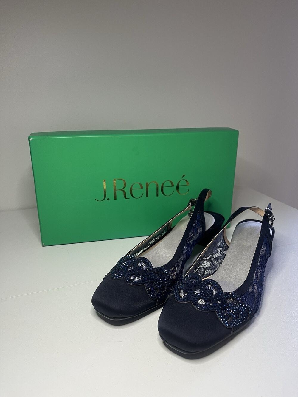 J Renee Slingback Pumps 8.5M Navy Blue Lace Rhinestone Square Toe Block Heel EUC